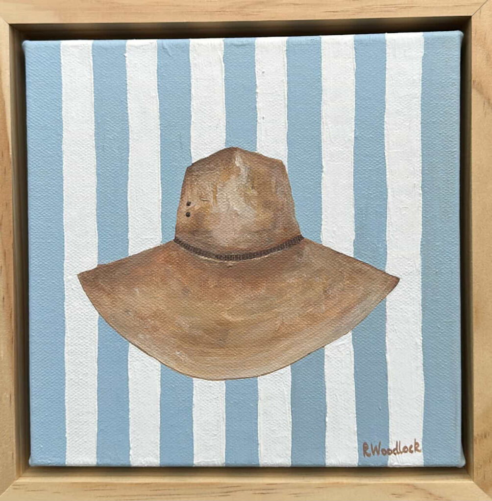 Artwork of a wide-brimmed hat on striped background.
